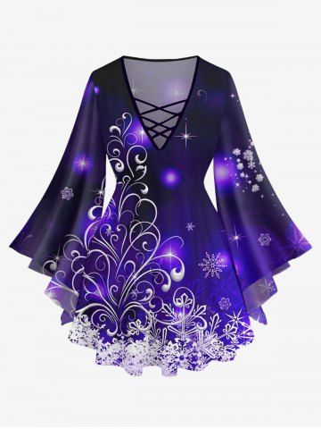 Plus Size Christmas Snowflake Curve Glitter Stars Print Ombre Lattice Long Sleeves T-shirt - MULTI-F - 3X