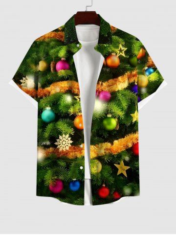 Plus Size Christmas Tree Ball Star Snowflake Print Buttons Pocket Shirt For Men - GREEN - 4XL