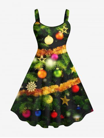 Plus Size Christmas Tree Ball Star Snowflake Print Tank Dress - GREEN - 1X