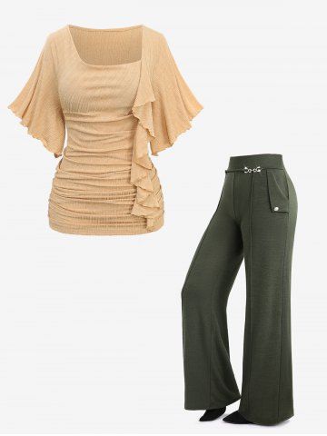 Asymmetrical Butterfly Sleeves Textured T-shirt and Button Wide Leg Pants Plus Size Outfit - GOLDEN