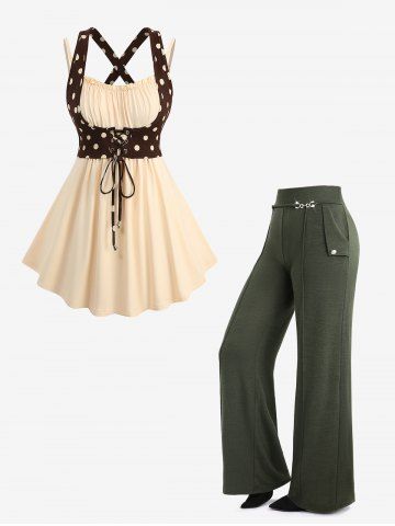 Polka Dot Print Crisscross Lace Up 2 In 1 Tank Top and Buttons Wide Leg Pants Plus Size Outfit - LIGHT COFFEE