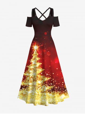 Plus Size Christmas Tree Star Ombre Sparkling Sequin Glitter 3D Print Cold Shoulder Crisscross Maxi Dress - RED - 6X