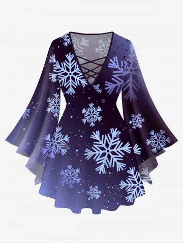 Plus Size Christmas Ombre Snowflake Print Lattice Crisscross Flare Sleeve T-shirt - BLACK - 6X