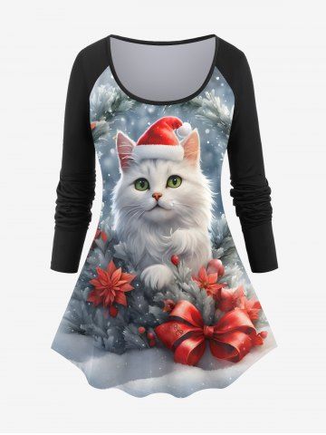 Plus Size Christmas Hat Cat Bowknot Floral Snowflake Print Long Sleeves T-shirt - BLACK - XS