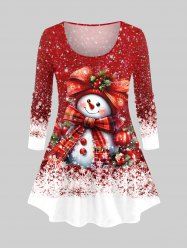 Plus Size Christmas Snowflake Snowman Bowknot Ball Holly Print Long Sleeves T-shirt -  