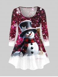 Plus Size Christmas Snowflake Snowman Glitter Sparkling Sequins Print Long Sleeves T-shirt -  