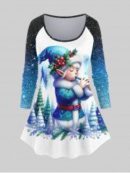 Plus Size Christmas Tree Hat Snowflake Ball Holly Glitter Sparkling Galaxy Elf Print Long Sleeves T-shirt -  
