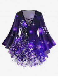 Plus Size Christmas Snowflake Curve Glitter Stars Print Ombre Lattice Long Sleeves T-shirt -  