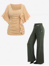 Asymmetrical Butterfly Sleeves Textured T-shirt and Button Wide Leg Pants Plus Size Outfit -  
