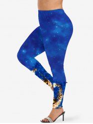 Plus Size Christmas Santa Claus Sled Elk Galaxy Glitter Print Leggings -  