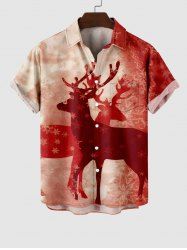 Chemise Boutonnée Imprimé Élans et Flocons de Neige de Noël avec Poche Grande Taille pour Hommes - Rouge 3XL