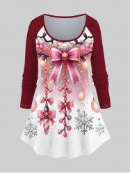 Plus Size Christmas Snowflake Light Bowknot Print Ombre Long Sleeves T-shirt -  