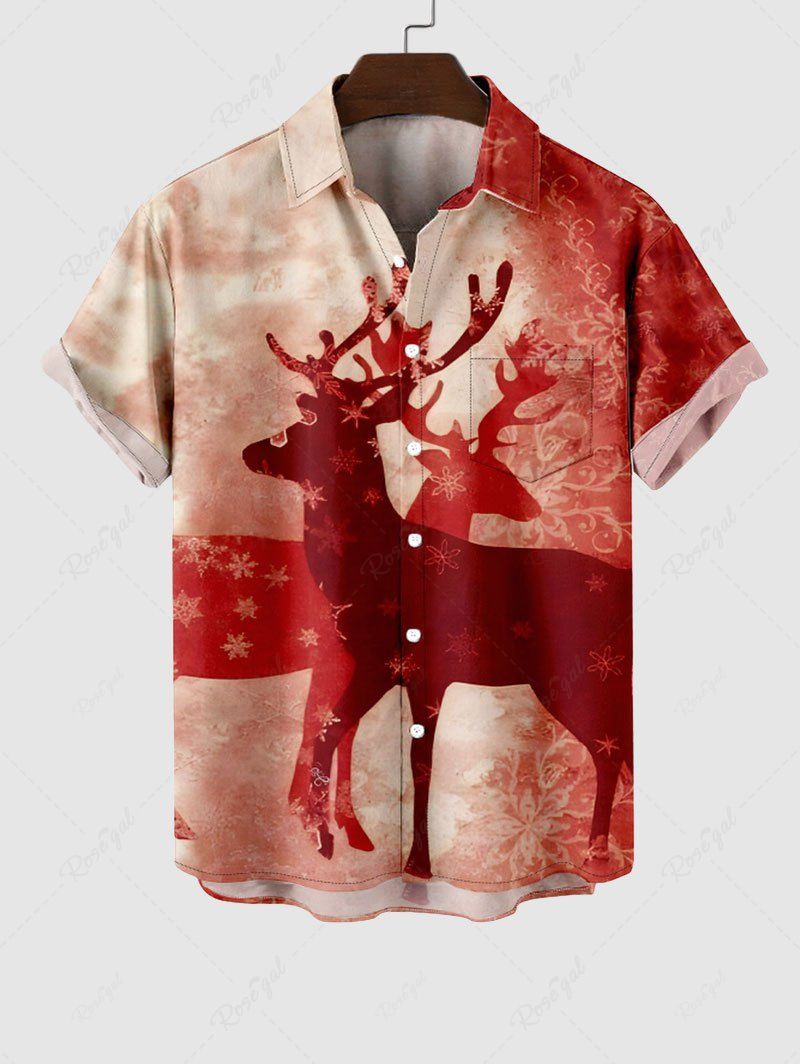 Chemise Boutonnée Imprimé Élans et Flocons de Neige de Noël avec Poche Grande Taille pour Hommes Rouge 3XL