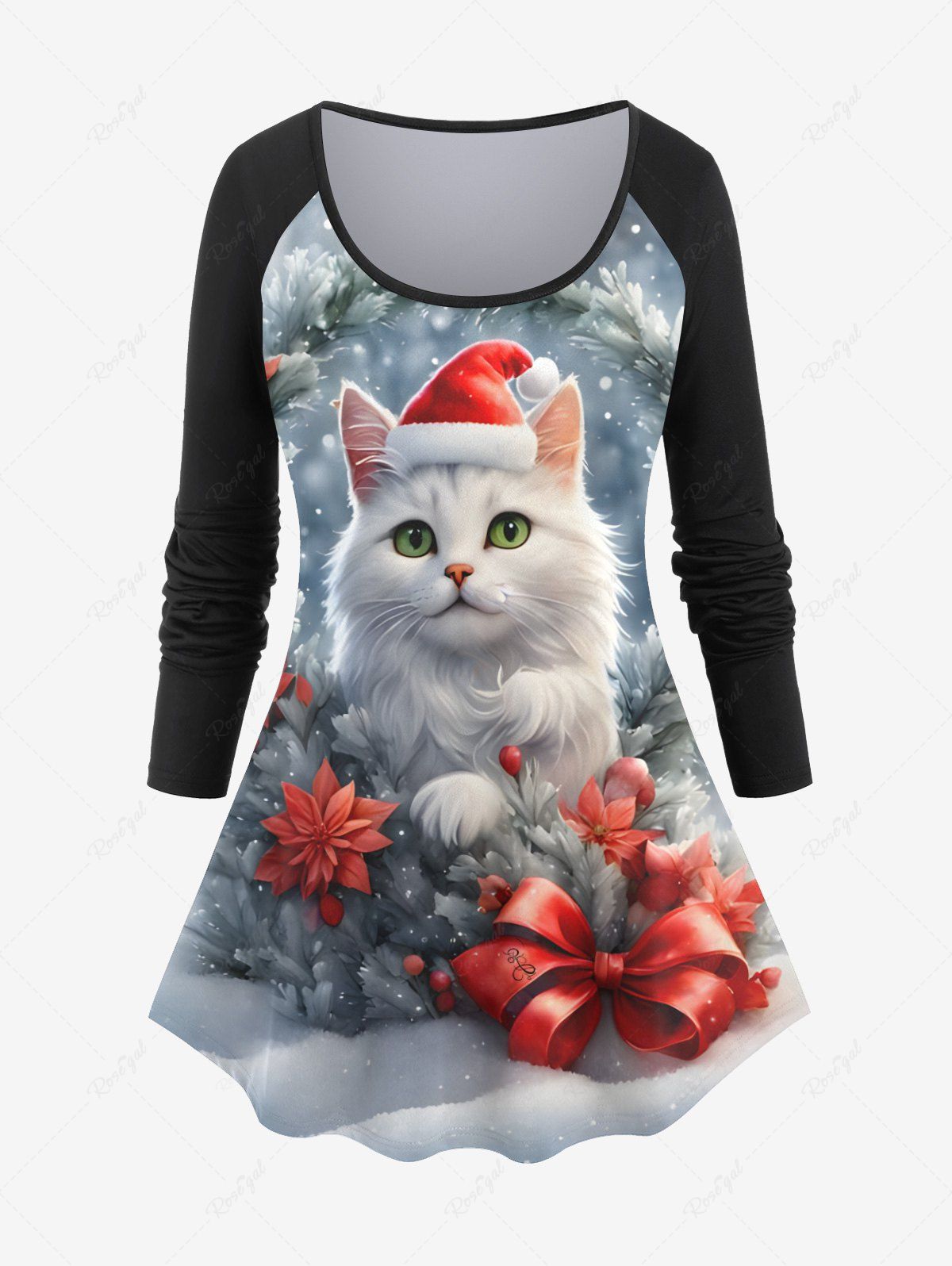 Outfit Plus Size Christmas Hat Cat Bowknot Floral Snowflake Print Long Sleeves T-shirt  