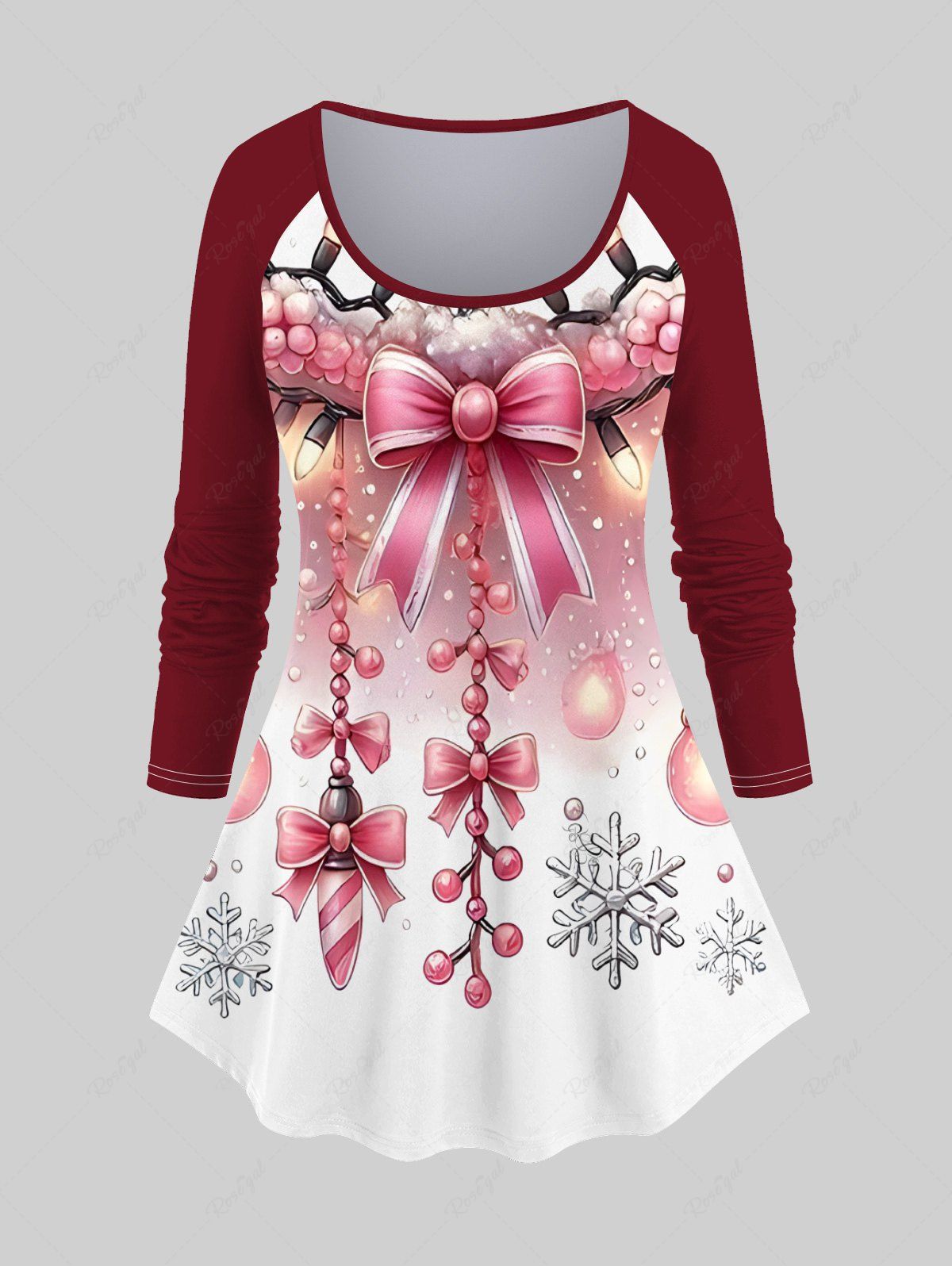 Online Plus Size Christmas Snowflake Light Bowknot Print Ombre Long Sleeves T-shirt  