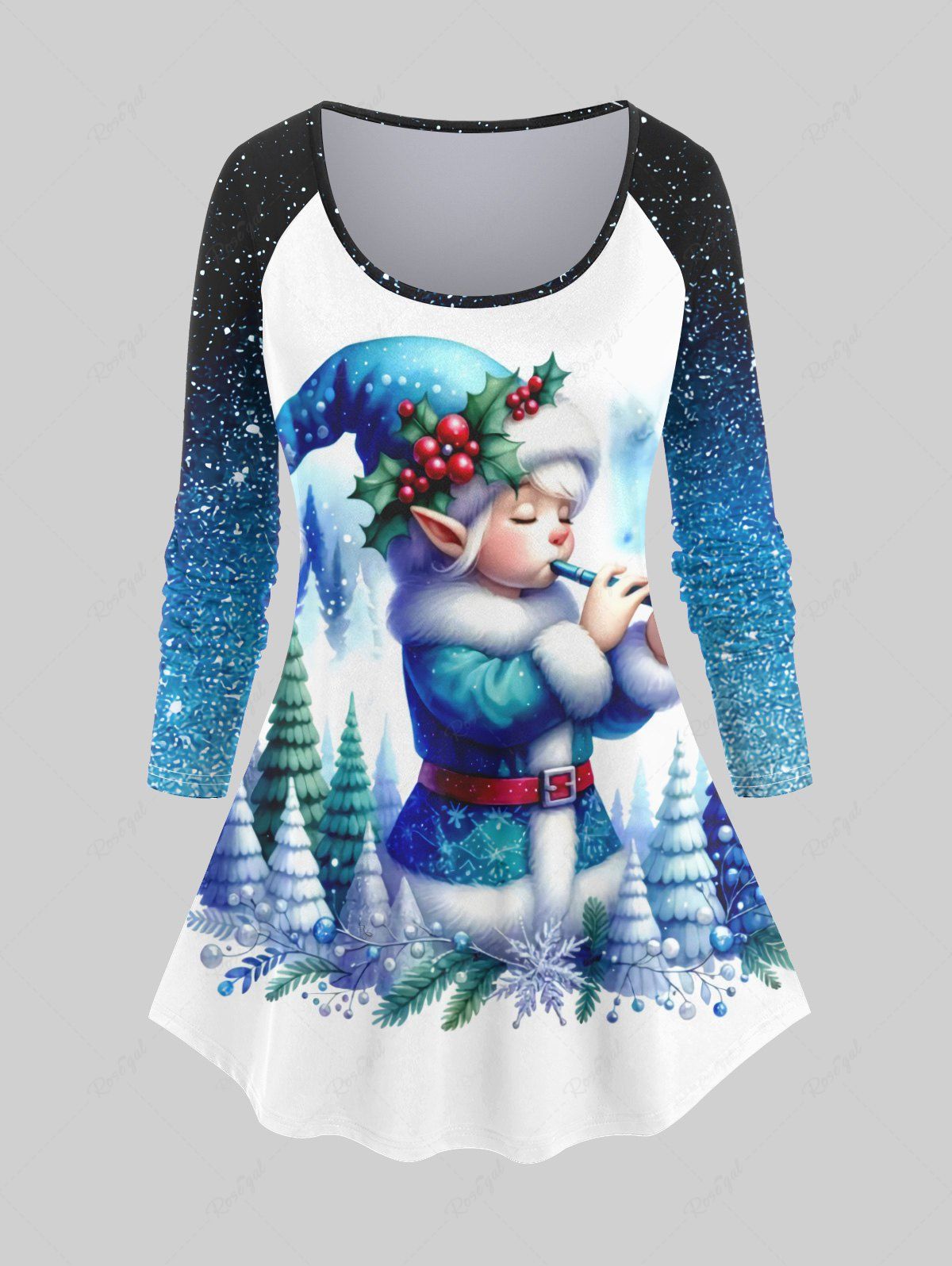 New Plus Size Christmas Tree Hat Snowflake Ball Holly Glitter Sparkling Galaxy Elf Print Long Sleeves T-shirt  