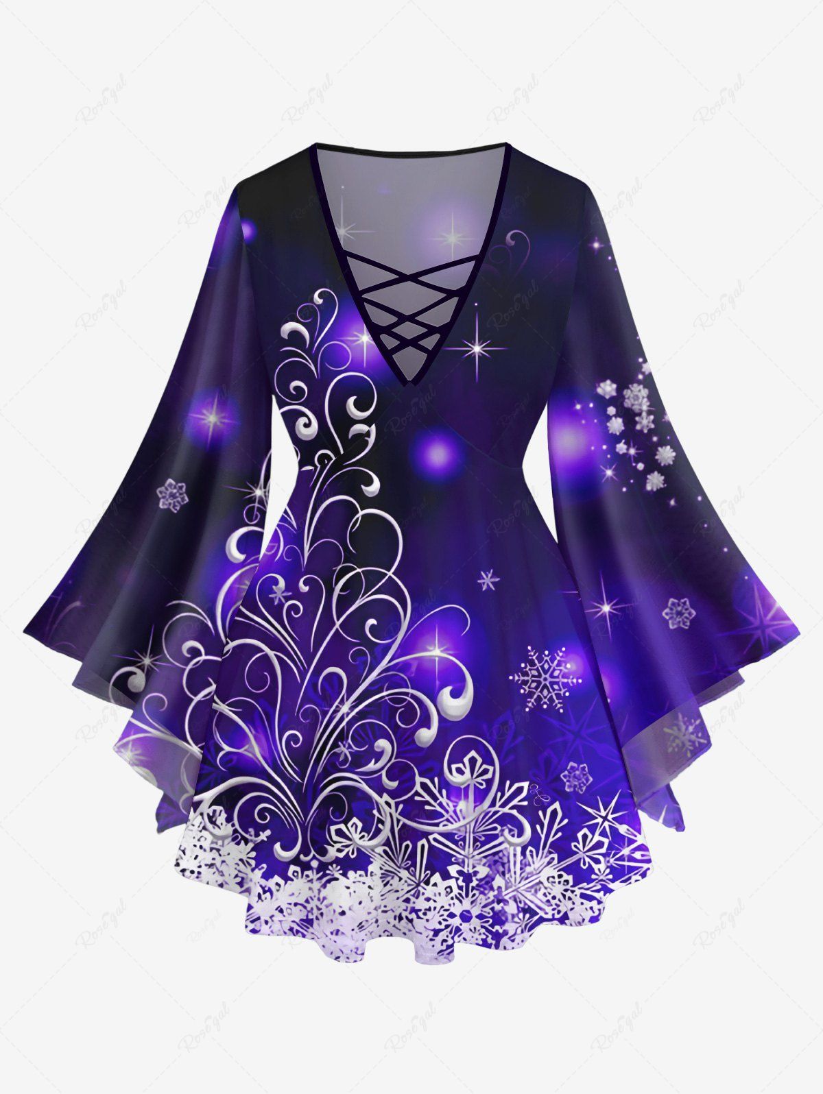 Affordable Plus Size Christmas Snowflake Curve Glitter Stars Print Ombre Lattice Long Sleeves T-shirt  