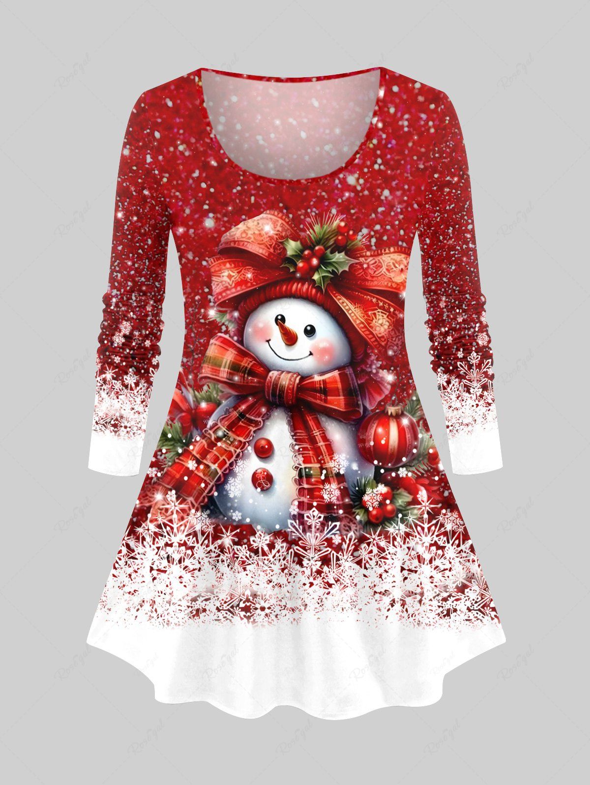 Outfits Plus Size Christmas Snowflake Snowman Bowknot Ball Holly Print Long Sleeves T-shirt  
