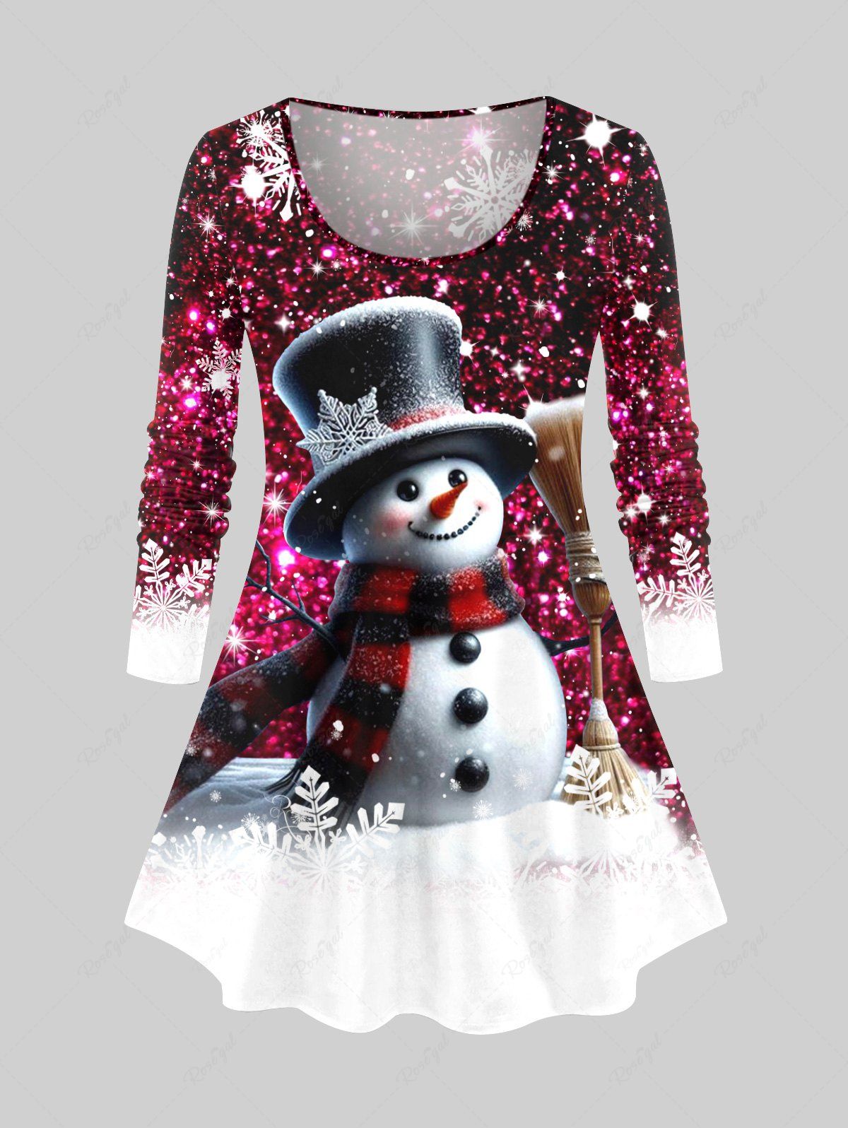 Trendy Plus Size Christmas Snowflake Snowman Glitter Sparkling Sequins Print Long Sleeves T-shirt  