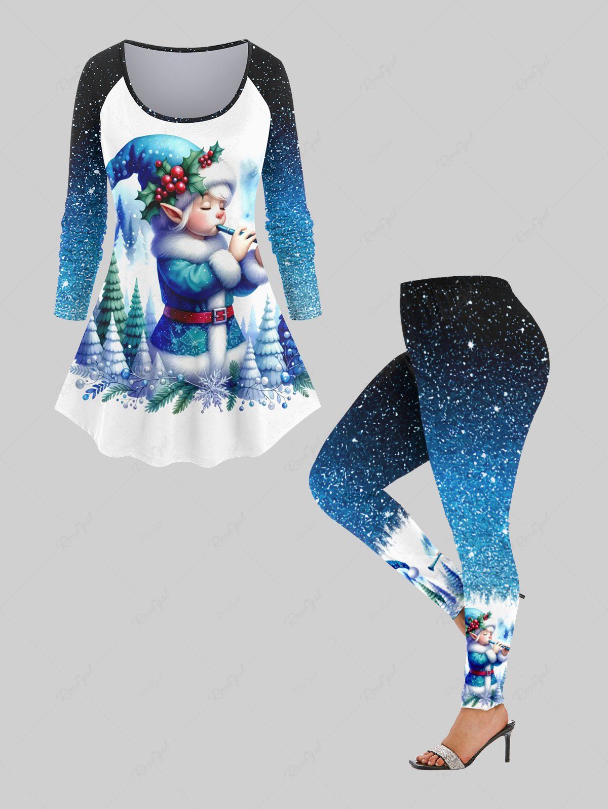Trendy Christmas Tree Hat Snowflake Ball Holly Glitter Sparkling Galaxy Elf Print T-shirt and Leggings Plus Size Matching Set  