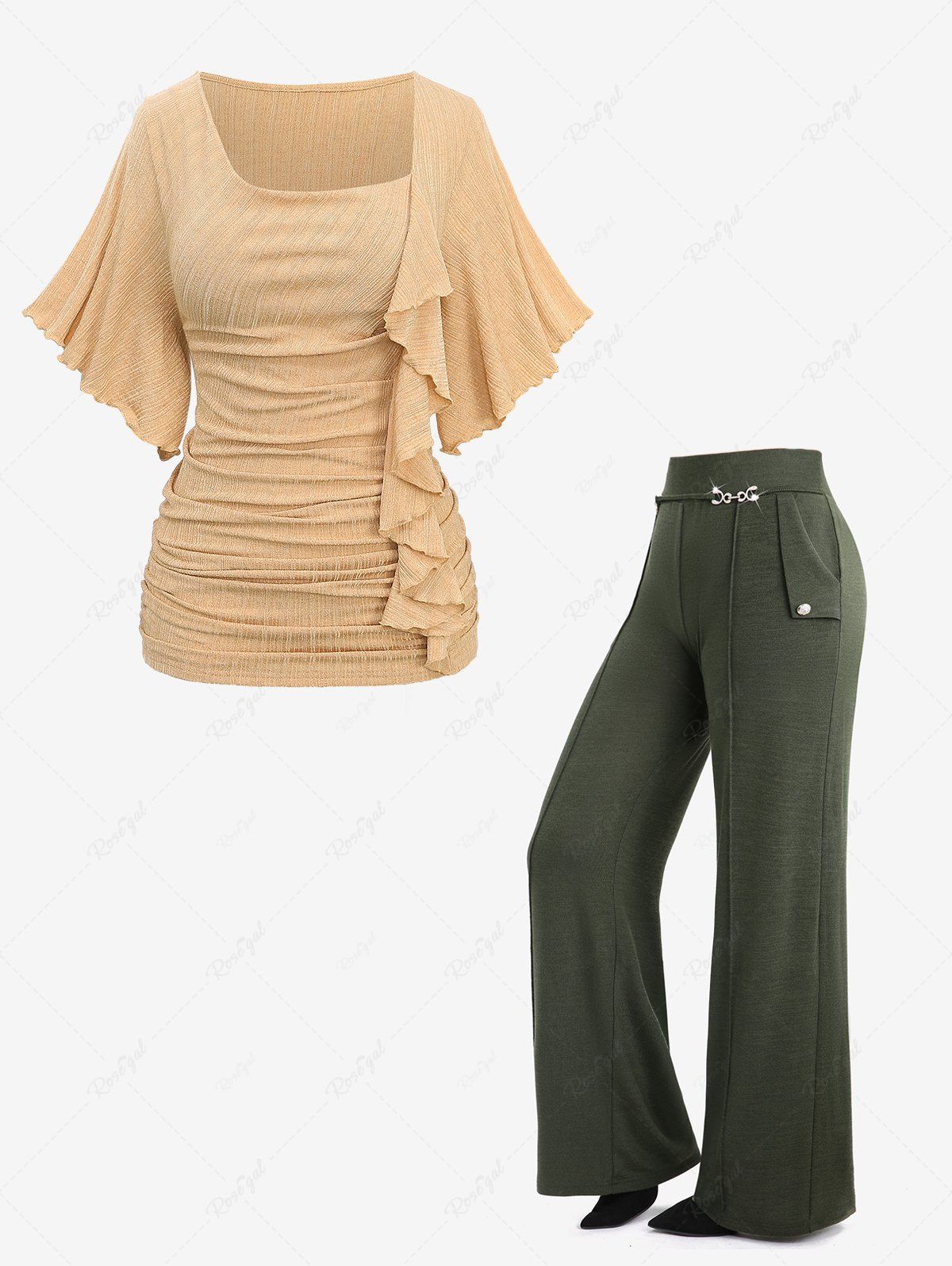 Shops Asymmetrical Butterfly Sleeves Textured T-shirt and Button Wide Leg Pants Plus Size Outfit  