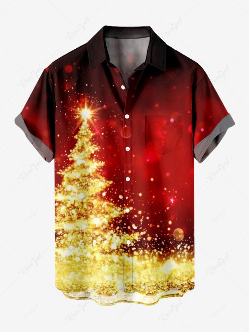 Chemise Manches Longues avec Boutons et Brillant en Dégradé de Couleurs Imprimé Sapin de Noël 3D Grande Taille pour Hommes Rouge 4XL