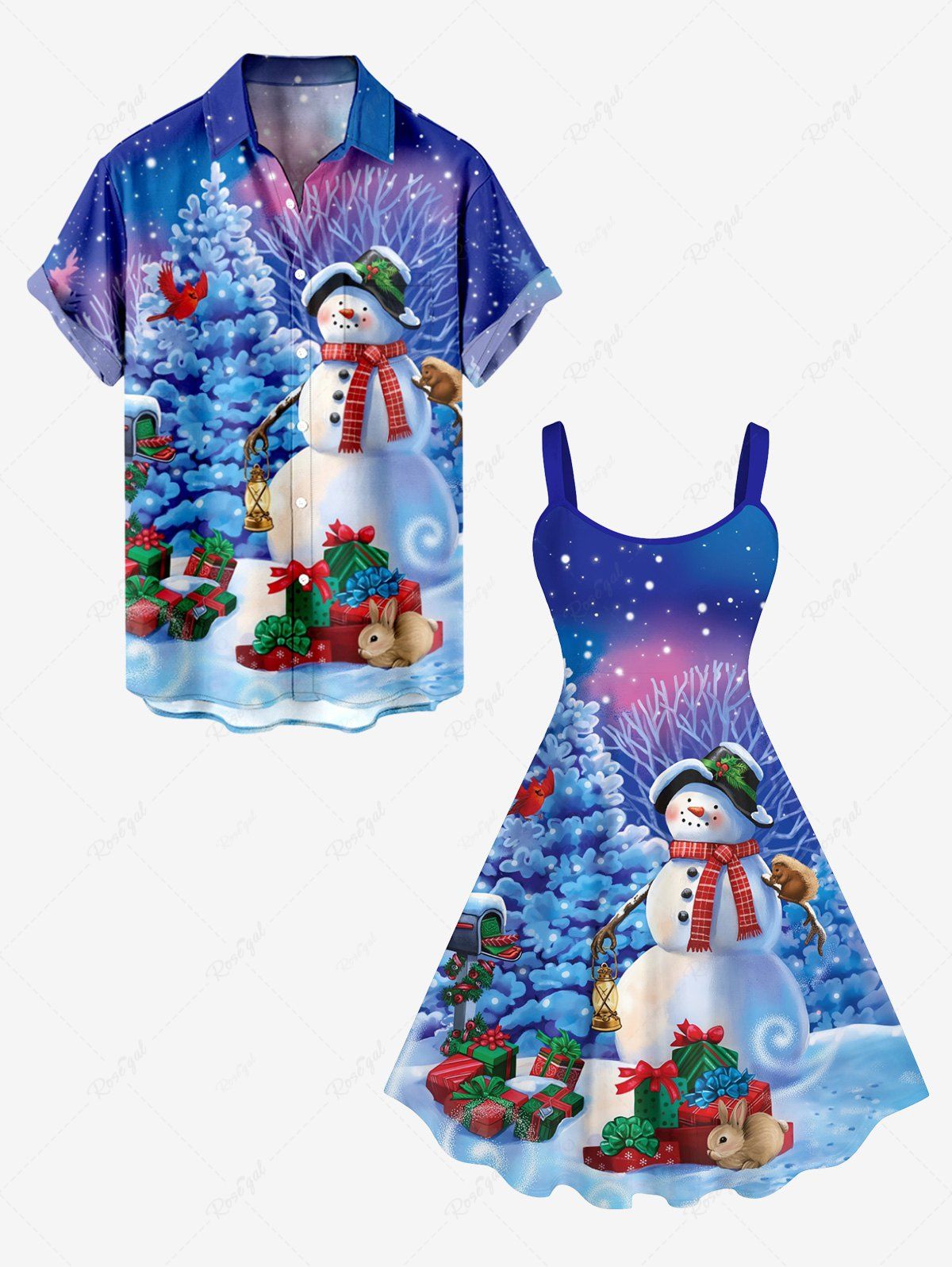 Unique Christmas Tree Snowman Snowflake Bird Rabbit Print Plus Size Matching Outfit For Couples  