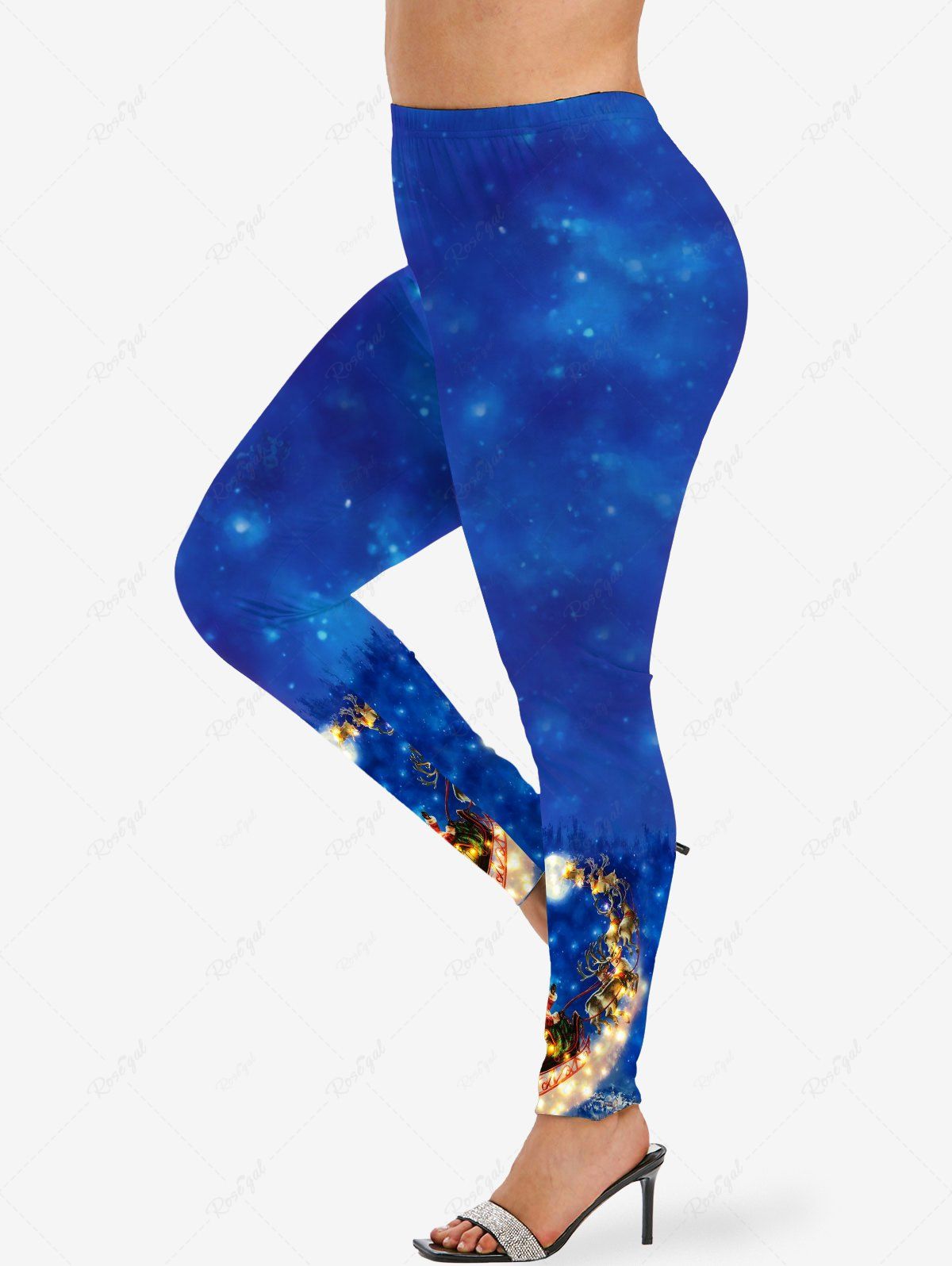 Hot Plus Size Christmas Santa Claus Sled Elk Galaxy Glitter Print Leggings  