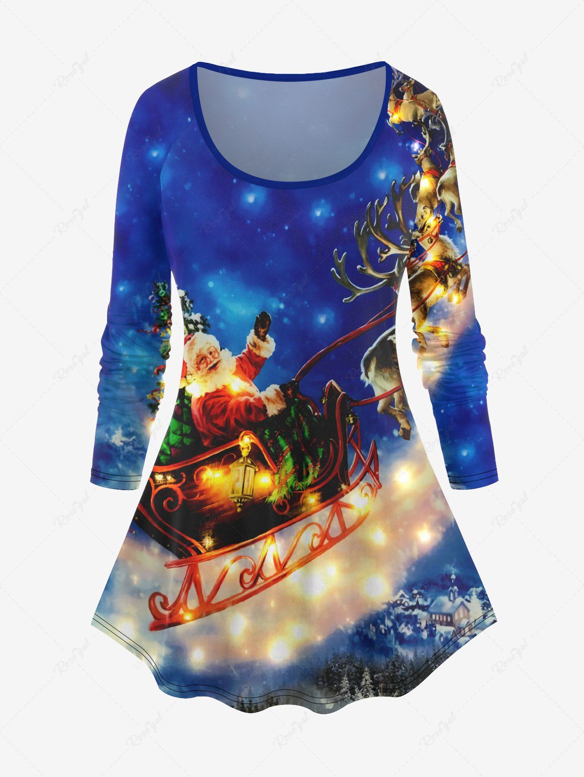 Sale Plus Size Christmas Santa Claus Sled Elk Galaxy Glitter Print T-shirt  