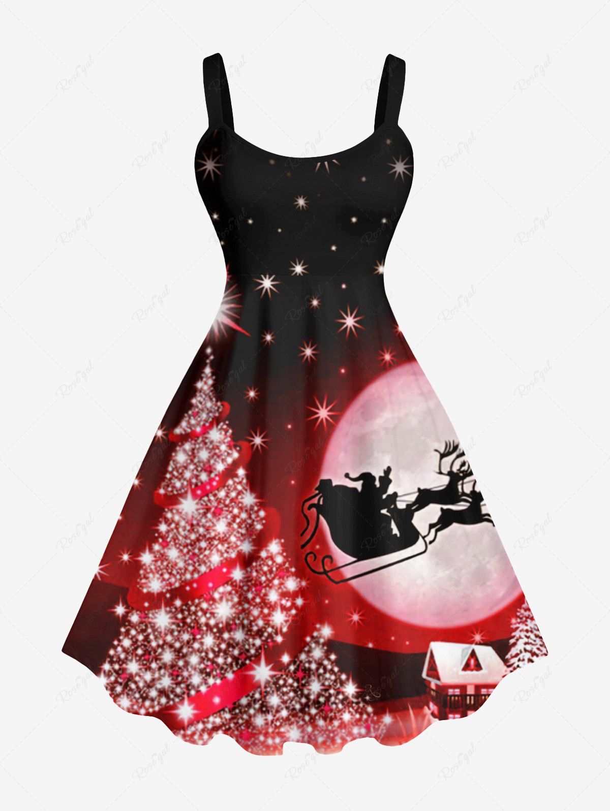 Robe Ligne A Etoile Lune Sapin de Noël et Galaxie Imprimés de Grande Taille à Paillettes Rouge M