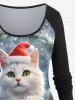 Plus Size Christmas Hat Cat Bowknot Floral Snowflake Print Long Sleeves T-shirt -  
