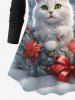 Plus Size Christmas Hat Cat Bowknot Floral Snowflake Print Long Sleeves T-shirt -  