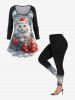 Plus Size Christmas Hat Cat Bowknot Floral Snowflake Print Long Sleeves T-shirt -  