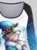 Plus Size Christmas Tree Hat Snowflake Ball Holly Glitter Sparkling Galaxy Elf Print Long Sleeves T-shirt -  