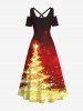 Maxi Robe Etoile Brillante 3D Sapin de Noël Imprimé à Epaule Dénudée de Grande Taille à Paillettes - Rouge M