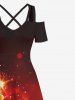 Maxi Robe Etoile Brillante 3D Sapin de Noël Imprimé à Epaule Dénudée de Grande Taille à Paillettes - Rouge M