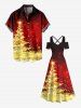Maxi Robe Etoile Brillante 3D Sapin de Noël Imprimé à Epaule Dénudée de Grande Taille à Paillettes - Rouge M