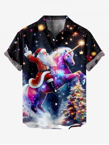 Plus Size Christmas Tree Santa Claus Unicorn Glitter Star Galaxy Print Button Pocket Shirt For Men - BLACK - L