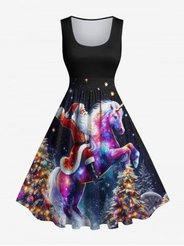 Plus Size Christmas Tree Santa Claus Unicorn Glitter Star Galaxy Print Vintage Swing A Line Dress - BLACK - L