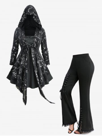 Rose Flower Printed Layered Asymmetric Hooded Top and Lace-up Split Pocket Flare Pants Plus Size Outfit - BLACK