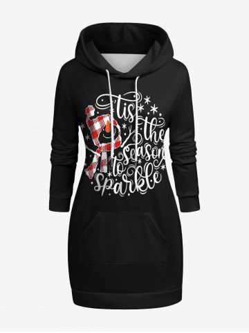 Plus Size Christmas Snowflake Snowman Letters Plaid Hat Scarf Print Pullover Long Sleeves Hoodie - BLACK - 2XL