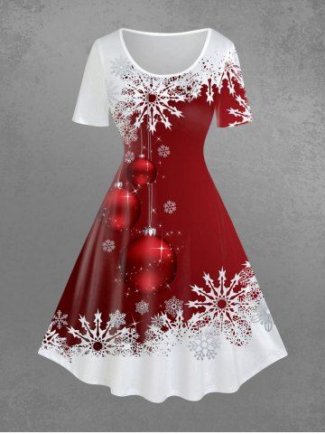 Plus Size Christmas Snowflake Ball Print A Line Dress - DEEP RED - 2X | US 18-20