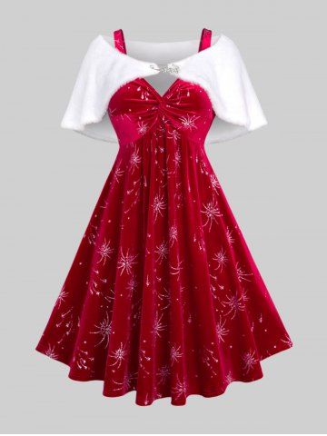 Valentine's Day Plus Size Fireworks Printed Twist Ruched Velvet A Line Party Dress and Fur Panel Cape Set - RED - 3X | US 22-24