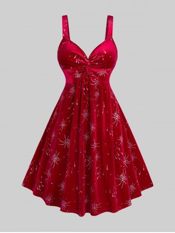 Valentine's Day Plus Size Fireworks Printed Twist Ruched Velvet A Line Party Dress and Fur Panel Cape Set