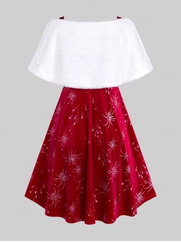 Valentine's Day Plus Size Fireworks Printed Twist Ruched Velvet A Line Party Dress and Fur Panel Cape Set