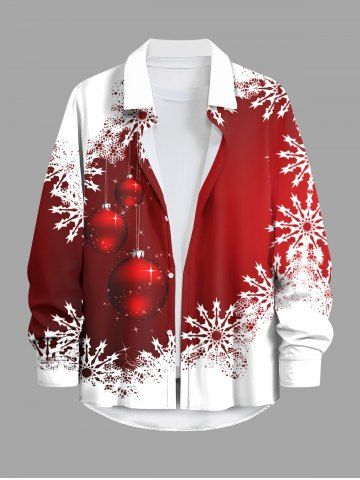Plus Size Glitter Christmas Ball Snowflake Two Tone Print Button Long Sleeves Shirt For Men - RED - L