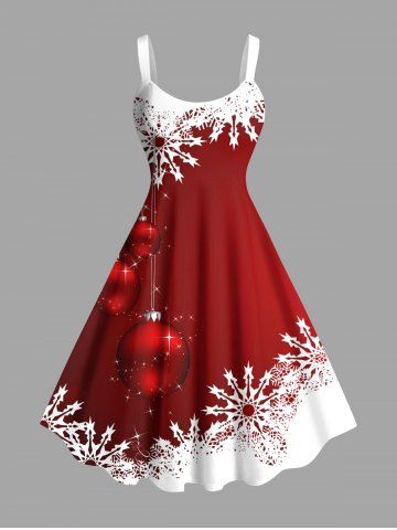 Plus Size Glitter Christmas Ball Snowflake Two Tone Print A Line Tank Dress - RED - 1X