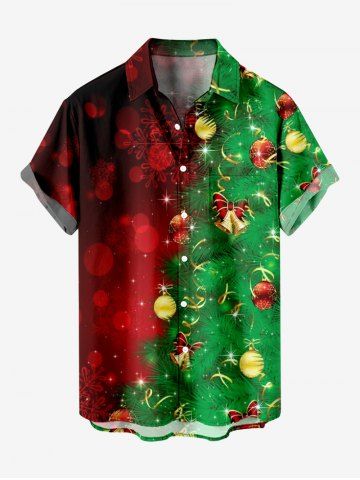 Plus Size Christmas Tree Ball Bell Star Snowflake Print Buttons Pocket Shirt For Men