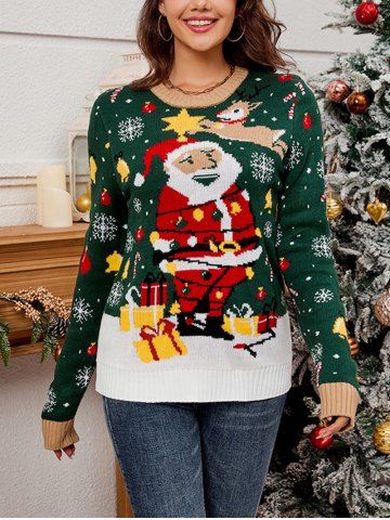 Christmas Light Santa Claus Elk Snowflake Star Bell Print Sweater - GREEN - S