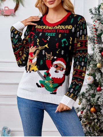 Christmas Santa Claus Elk Guitar Snowflake Music Notes Print Sweater - BLACK - S